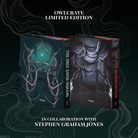 OwlCrate limited editions of The Only Good Indians and Off the Reservation book set, in collaboration with Stephen Graham Jones. The back covers for the two books are centered on a dark teal background with illustrative smoke. Covers show illustrative animal antlers strung together with hair. 