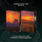 Hardcover case reveal for The Only Good Indians and Off the Reservation book set, in collaboration with Stephen Graham Jones. The front covers for the two books are centered on a dark teal background with illustrative smoke. Covers each depict a pastoral scene at sunset, the left showing a mountain range and the right showing three tombstones.
