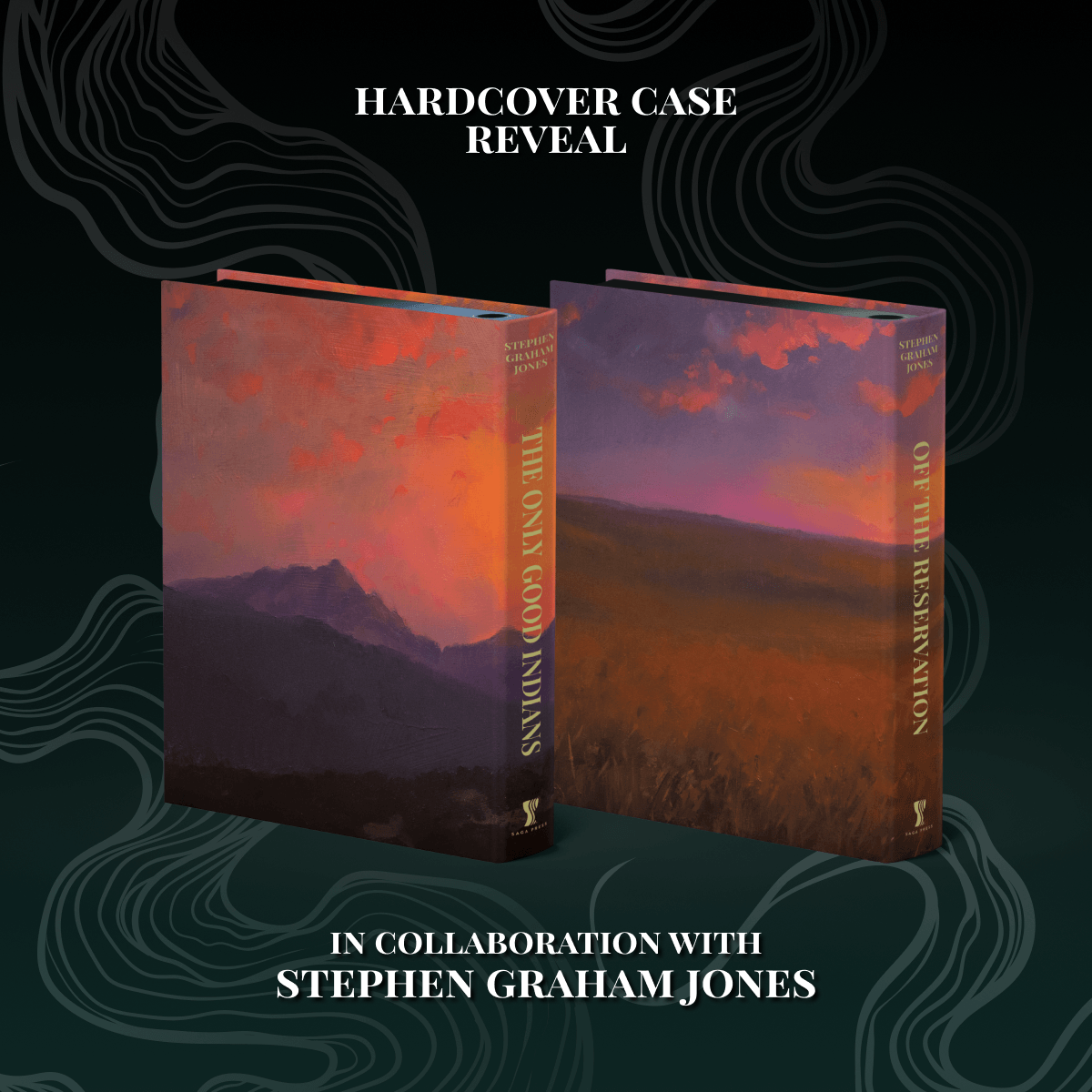 Hardcover case reveal for The Only Good Indians and Off the Reservation book set, in collaboration with Stephen Graham Jones. The back covers for the two books are centered on a dark teal background with illustrative smoke. Covers each feature an illustrated sunset landscape over mountains and fields. 