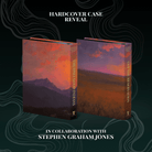 Hardcover case reveal for The Only Good Indians and Off the Reservation book set, in collaboration with Stephen Graham Jones. The back covers for the two books are centered on a dark teal background with illustrative smoke. Covers each feature an illustrated sunset landscape over mountains and fields. 
