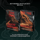 Reversible dust jacket reveal for The Only Good Indians and Off the Reservation book set, in collaboration with Stephen Graham Jones. The front covers of two books are centered on a dark teal background with illustrative smoke. Covers show hands holding the face of a large animal.