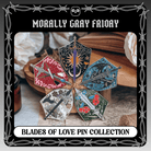 A photo of five colourful sword and shield enamel pins on a cork backing, surrounded by various decorative items. The photo is centered on a black, white, and gray graphic, text reading 'Morally Gray Friday Blades of Love Pin Collection.'