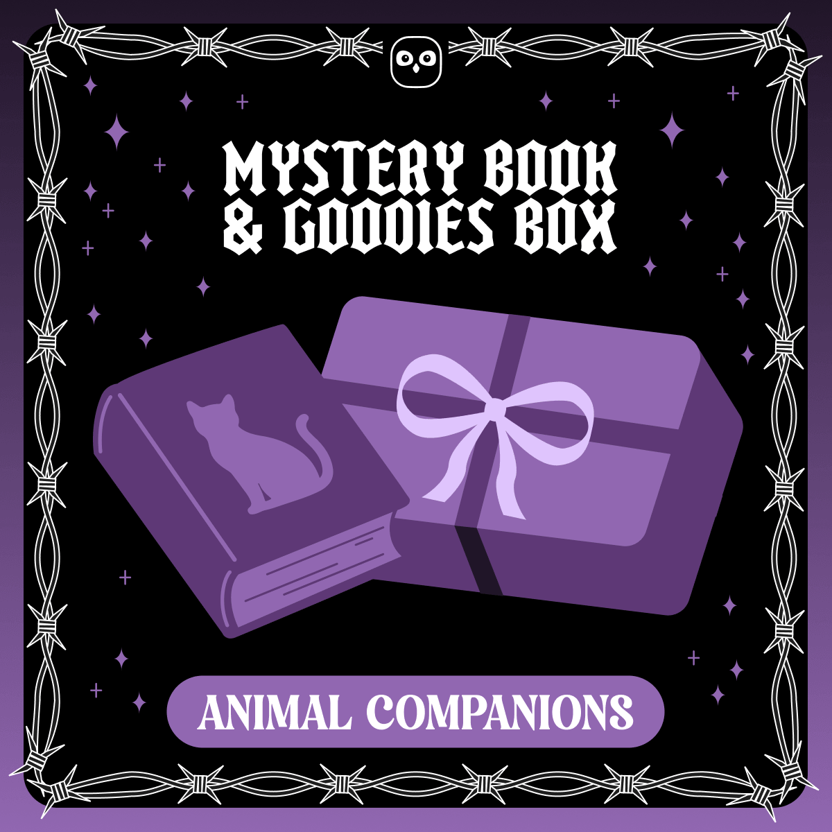 Mystery book & goodies box - Animal Companions. A vector designed purple book with the silhouette of a cat next to a purple wrapped present on a purple starry background framed by white barbed wire.