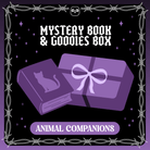 Mystery book & goodies box - Animal Companions. A vector designed purple book with the silhouette of a cat next to a purple wrapped present on a purple starry background framed by white barbed wire.