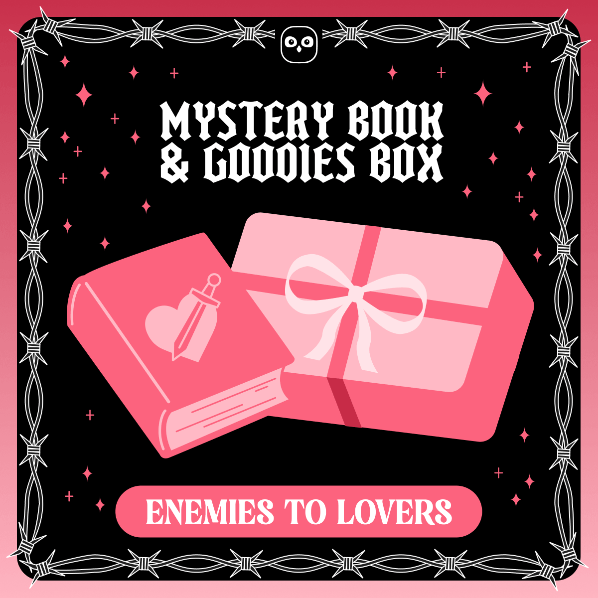 Mystery book & goodies box - Enemies to Lovers. A vector designed pink book featuring a heart and sword next to a pink wrapped present on a pink starry background framed by white barbed wire.