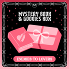 Mystery book & goodies box - Enemies to Lovers. A vector designed pink book featuring a heart and sword next to a pink wrapped present on a pink starry background framed by white barbed wire.