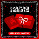 Mystery book & goodies box - Hell Hath No Fury. A vector designed red book featuring a flame next to a red wrapped present on a red starry background framed by white barbed wire.