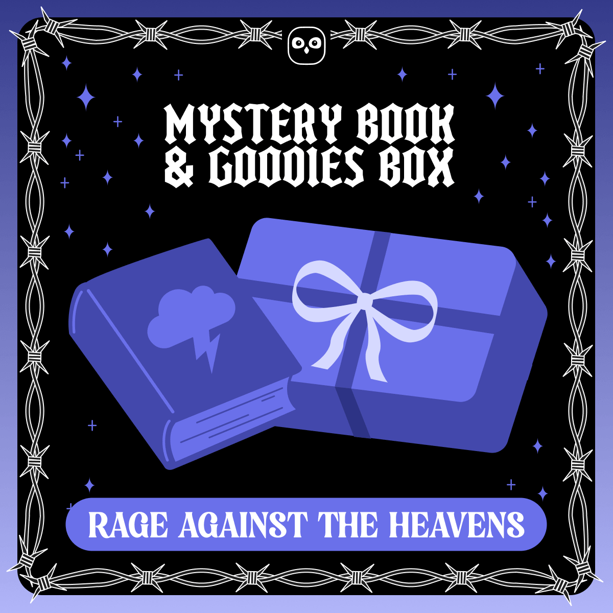 Mystery book & goodies box - Rage Against the Heavens. A vector designed indigo book featuring a storm cloud next to a indigo wrapped present on a indigo starry background framed by white barbed wire.