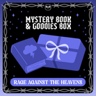Mystery book & goodies box - Rage Against the Heavens. A vector designed indigo book featuring a storm cloud next to a indigo wrapped present on a indigo starry background framed by white barbed wire.