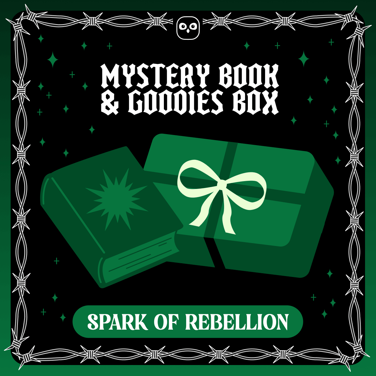 Mystery book & goodies box - Spark of Rebellion. A vector designed green book with the starburst next to a green wrapped present on a green starry background framed by white barbed wire.