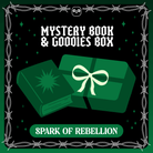Mystery book & goodies box - Spark of Rebellion. A vector designed green book with the starburst next to a green wrapped present on a green starry background framed by white barbed wire.