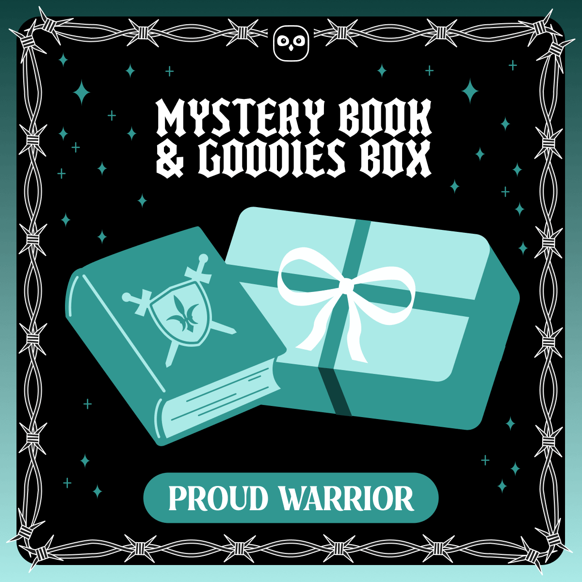 Mystery book & goodies box - Proud Warrior. A vector designed teal book featuring a a shield with two crossed swords next to a teal wrapped present on a teal starry background framed by white barbed wire.