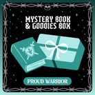 Mystery book & goodies box - Proud Warrior. A vector designed teal book featuring a a shield with two crossed swords next to a teal wrapped present on a teal starry background framed by white barbed wire.