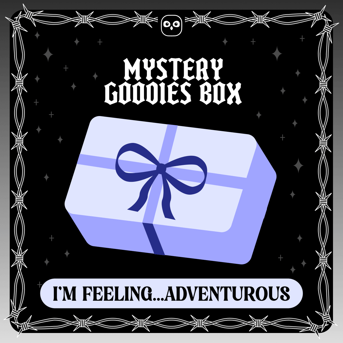 Mystery goodies box - I'm adventurious epicurious. A vector design of a lavender-coloured wrapped present on a starry black background framed by white barbed wire.