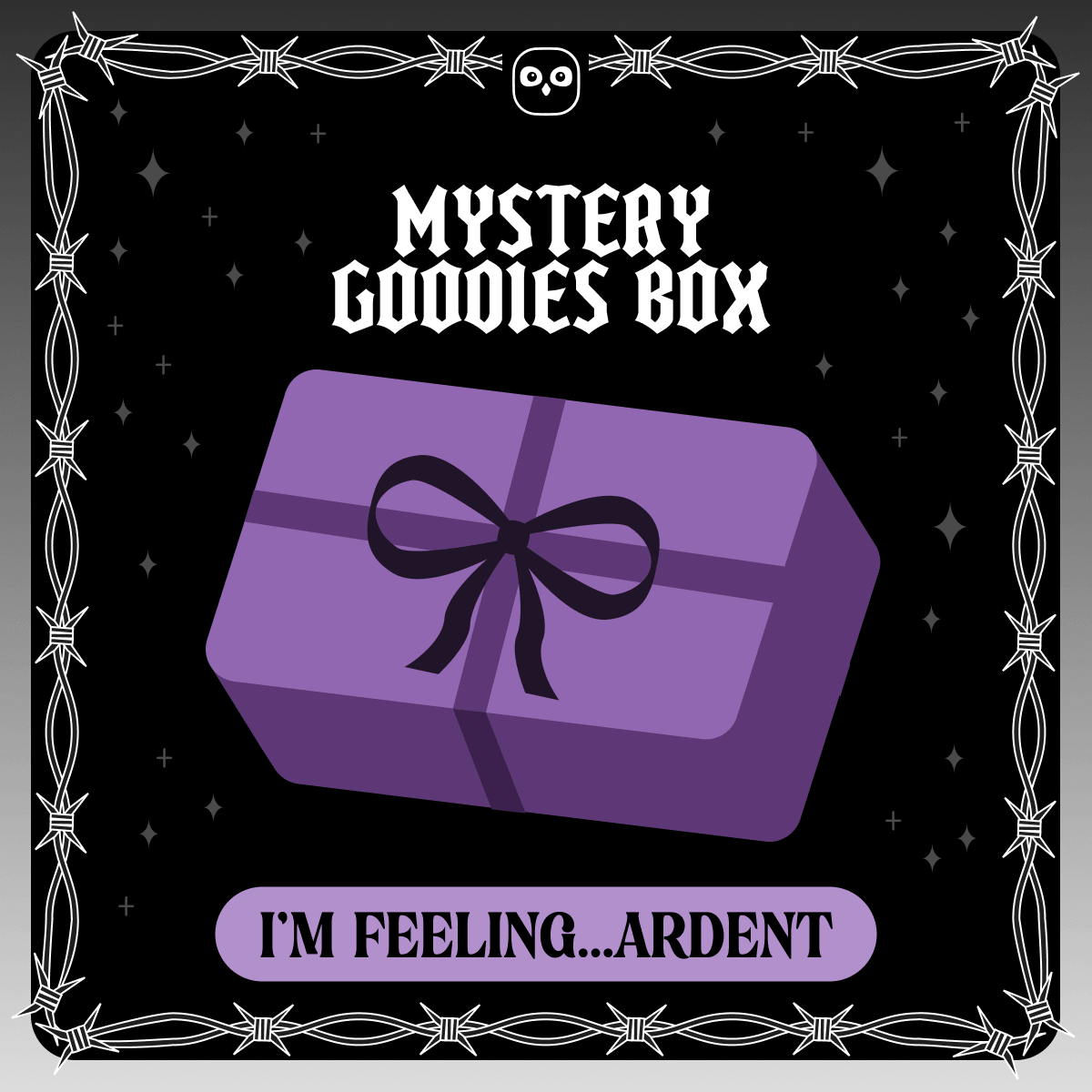 Mystery goodies box - I'm feeling ardent. A vector design of a purple wrapped present on a starry black background framed by white barbed wire.