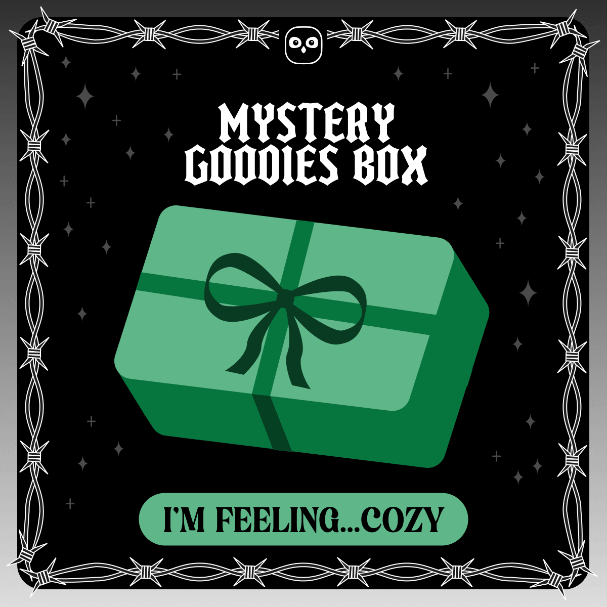 Mystery goodies box - I'm feeling cozy. A vector design of a green wrapped present on a starry black background framed by white barbed wire.