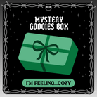 Mystery goodies box - I'm feeling cozy. A vector design of a green wrapped present on a starry black background framed by white barbed wire.