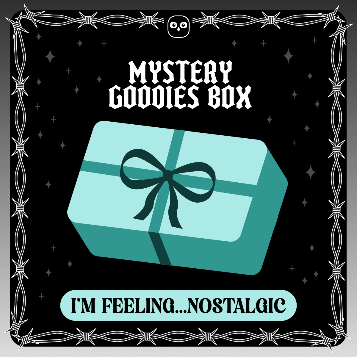 Mystery goodies box - I'm feeling nostalgic. A vector design of a light blue wrapped present on a starry black background framed by white barbed wire.