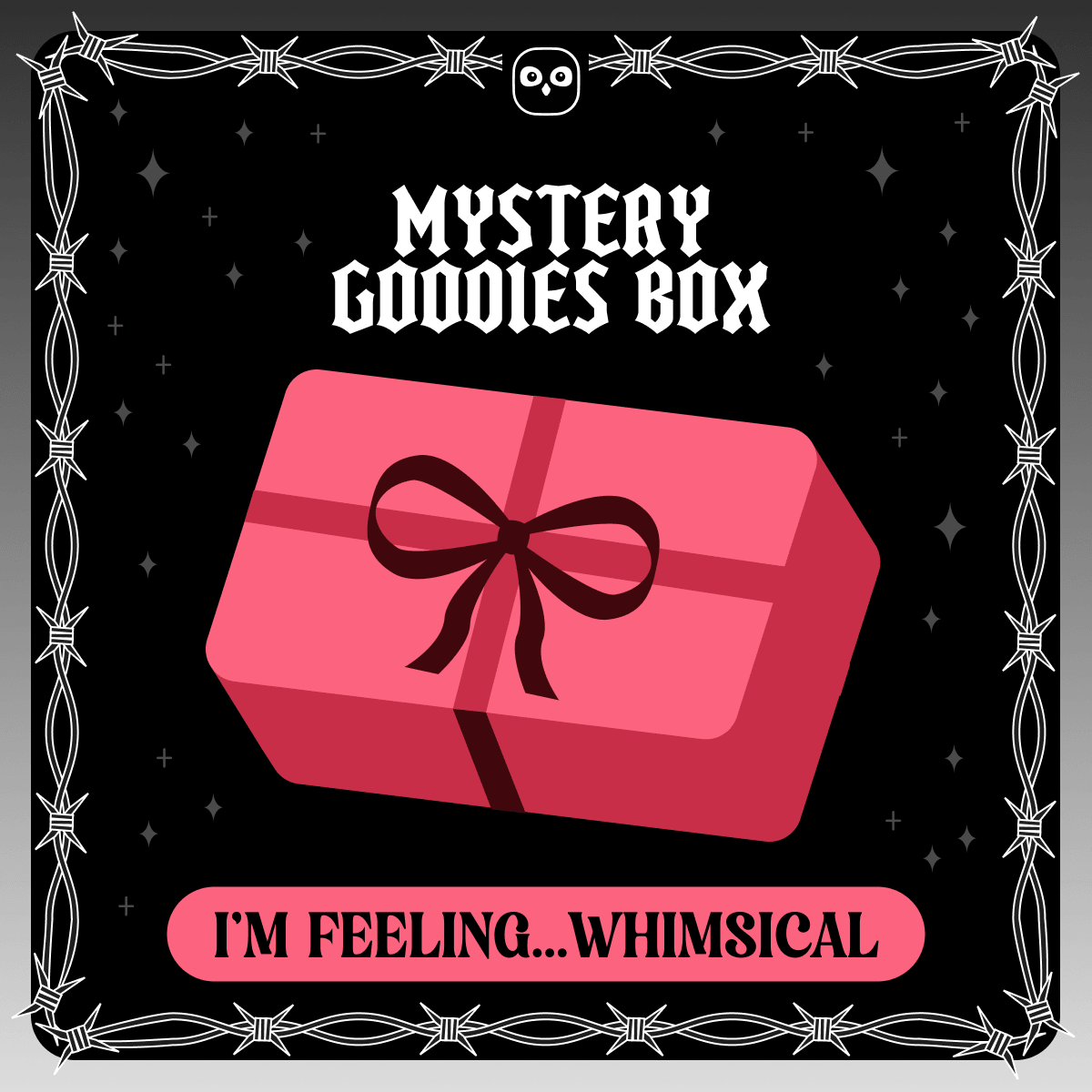 Mystery goodies box - I'm feeling whimsical. A vector design of a pink wrapped present on a starry black background framed by white barbed wire.