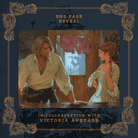 End page reveal for Tempest, in collaboration with Victoria Aveyard. Promotional end page artwork depicts an illustrated scene of a man and woman in historical clothing inside a rough-looking, wooden room. Image is framed by gold decorative borders on a dark blue background.