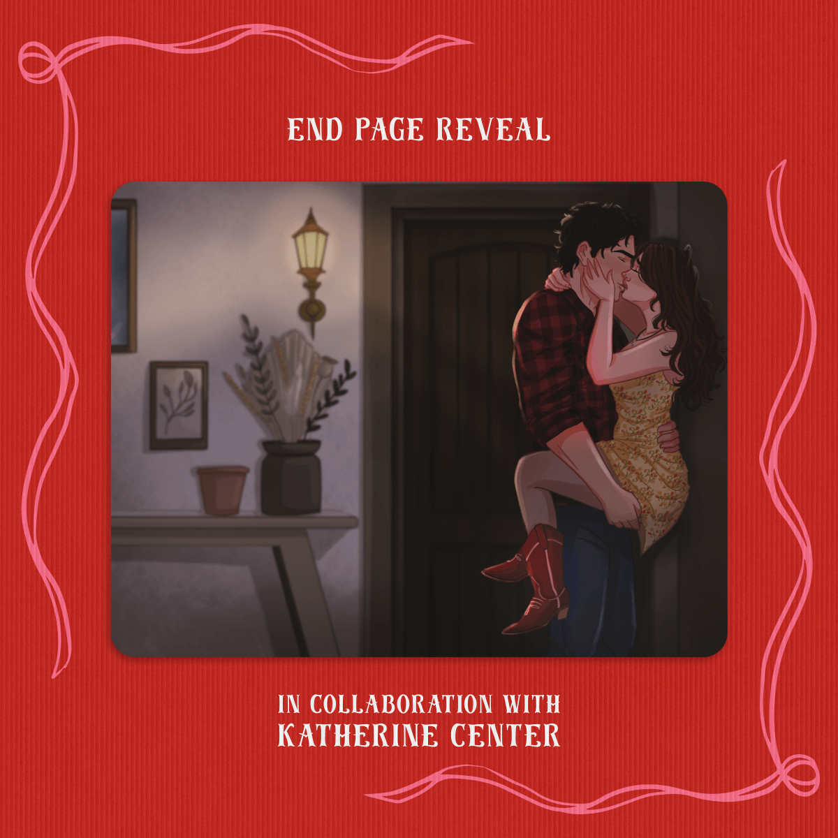 End page reveal for The Bodyguard, in collaboration with Katherin Center. Promotional image shows a man and a woman pressed against a wall in an intimate pose in a dimly lit room. Image is set on a bright orange-red background framed by two pink ribbons. 