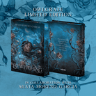 Front and back covers of the Owlcrate limited edition book The Bewitching by Silvia Moreno-Garcia centered on a blue floral background.