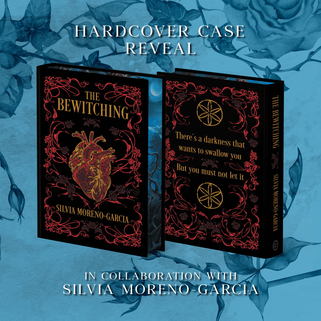 Front and back hardcovers of the Owlcrate limited edition book The Bewitching by Silvia Moreno-Garcia centered on a blue floral background. Covers show an illustration of an anatomical heart surrounded by red decorative vines. 