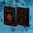 Front and back hardcovers of the Owlcrate limited edition book The Bewitching by Silvia Moreno-Garcia centered on a blue floral background. Covers show an illustration of an anatomical heart surrounded by red decorative vines. 