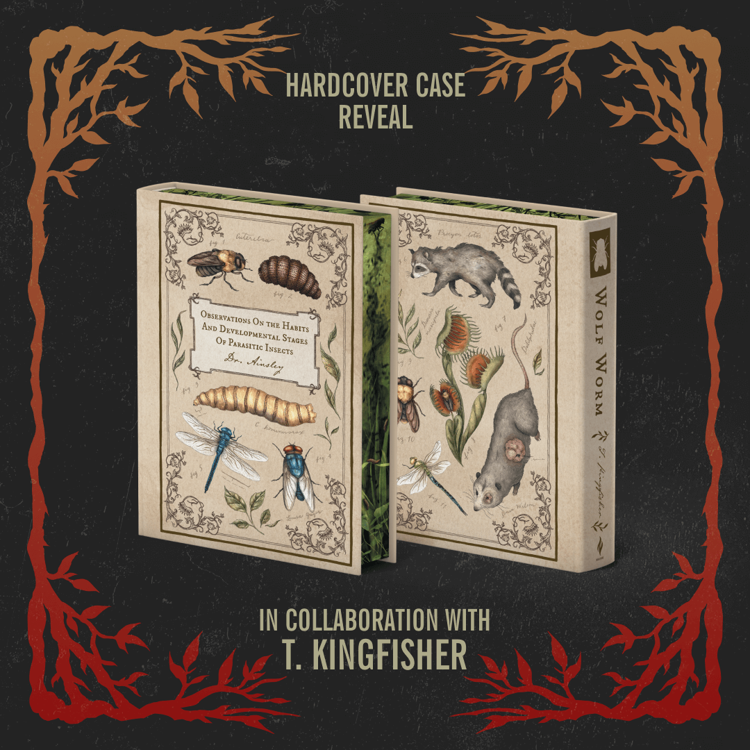 The front and back of the Wolf Worm hardcover book case, depicted like a classic scientific nature textbook, with illustrations of various bugs and animals.