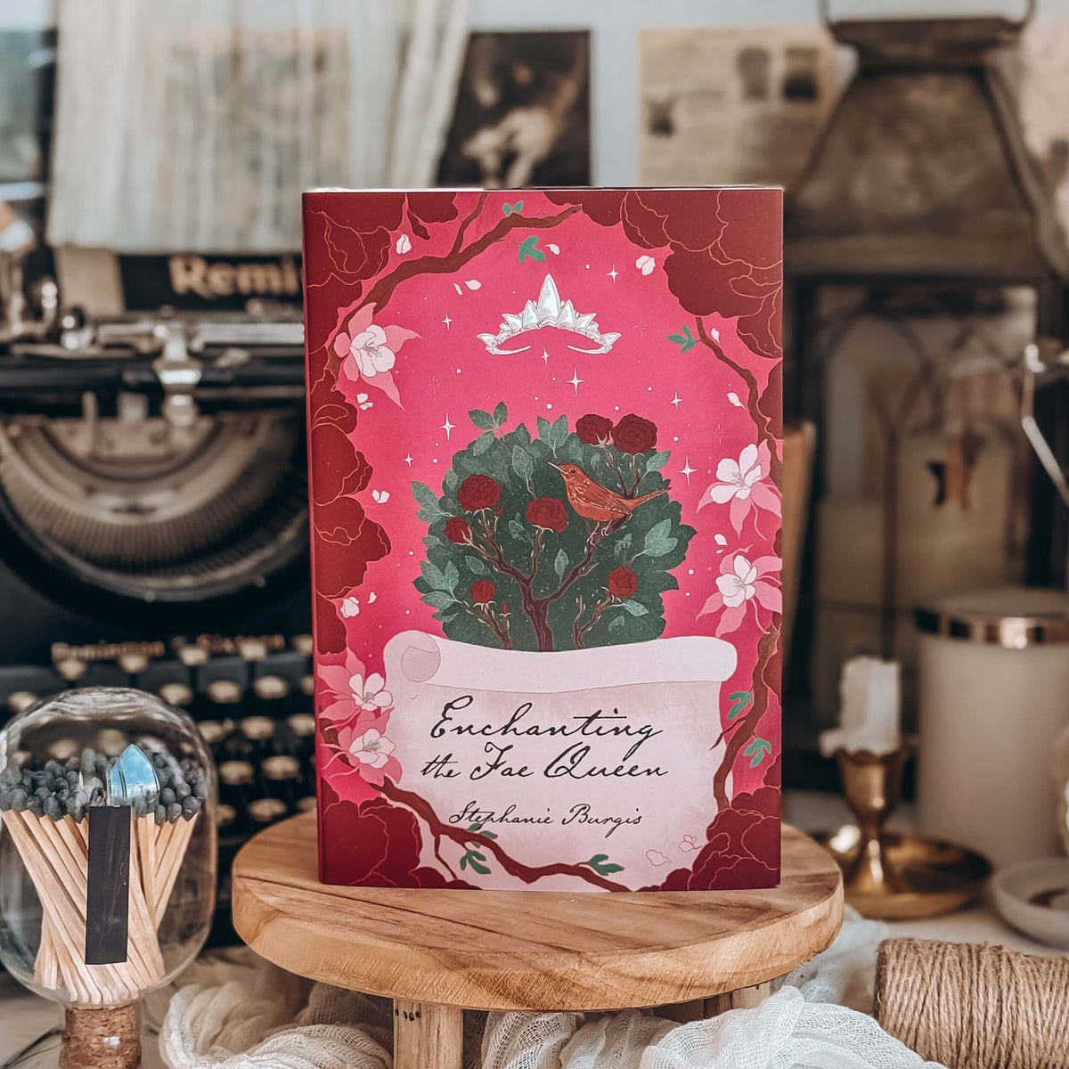 The book cover for Enchanting the Fae Queen by Stephanie Burgis stands on a small wooden pedestal. The cover is a vibrant pink with an illustration of a green tree, red roses, and a white banner at the bottom.