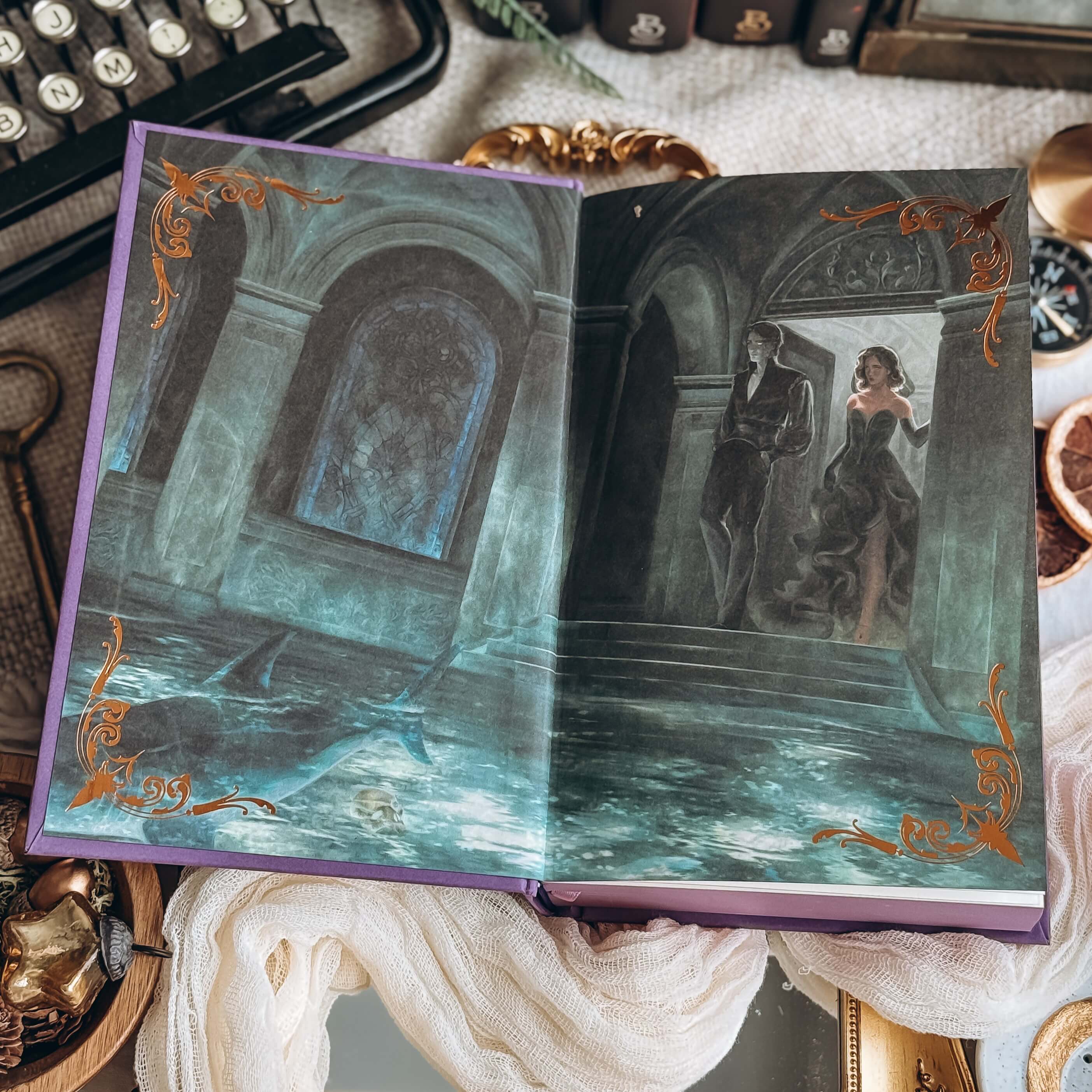 Opening endpaper of The Fallen and the Kiss of Dusk by Carissa Broadbent. Illustrated scene of two people entering a room with stairs descending into waters with a sark.
