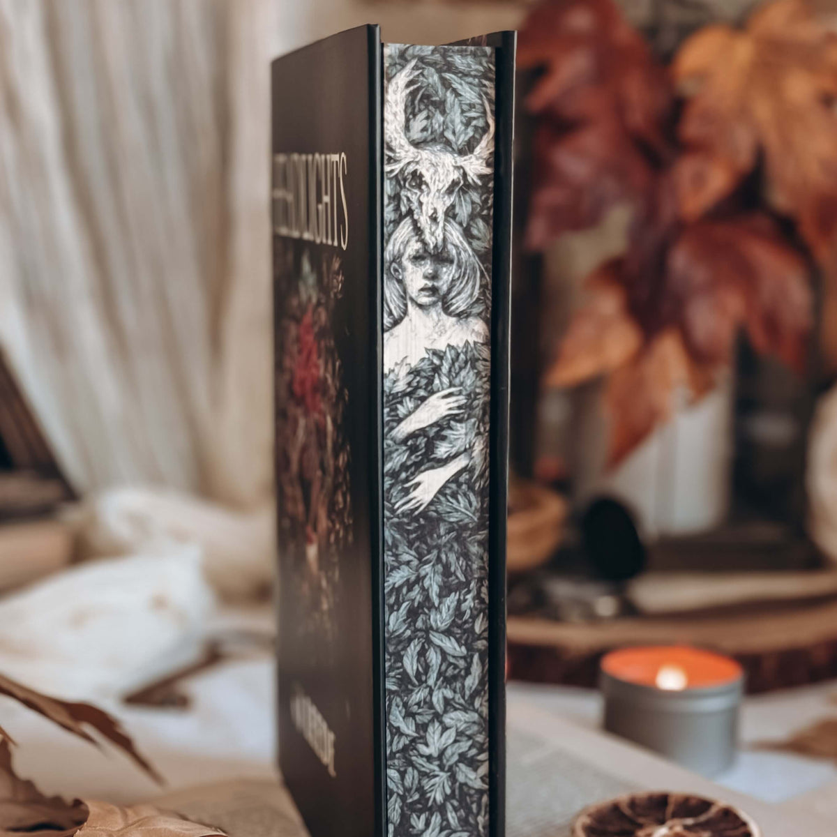An upright book centering the illustrated stenciled edges for the book Headlights by CJ Leede, featuring a detailed black-and-white illustration of a woman clothed in leaves wearing a stag skull. The out-of-focus background shows various autumn-themed decorative items. 