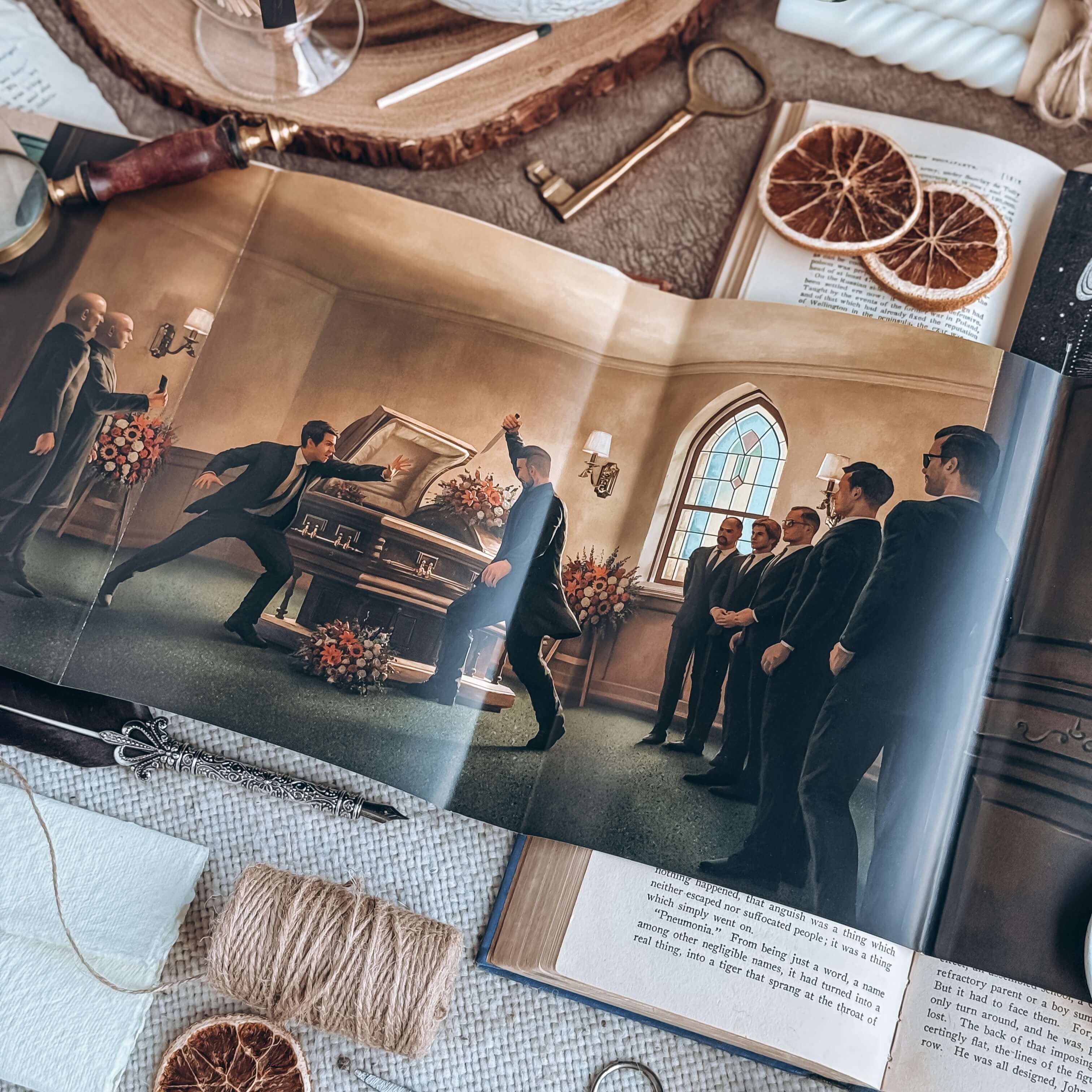 Reversible dust jacket of Starter Villain by John Scalzi. Dust jacket shows an illustrated scene of funeral where a man approaches the open casket with a raised arm and knife, while suited men stand by. 