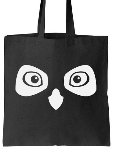 OwlCrate Ozwald the Owl face on black and white book tote bag